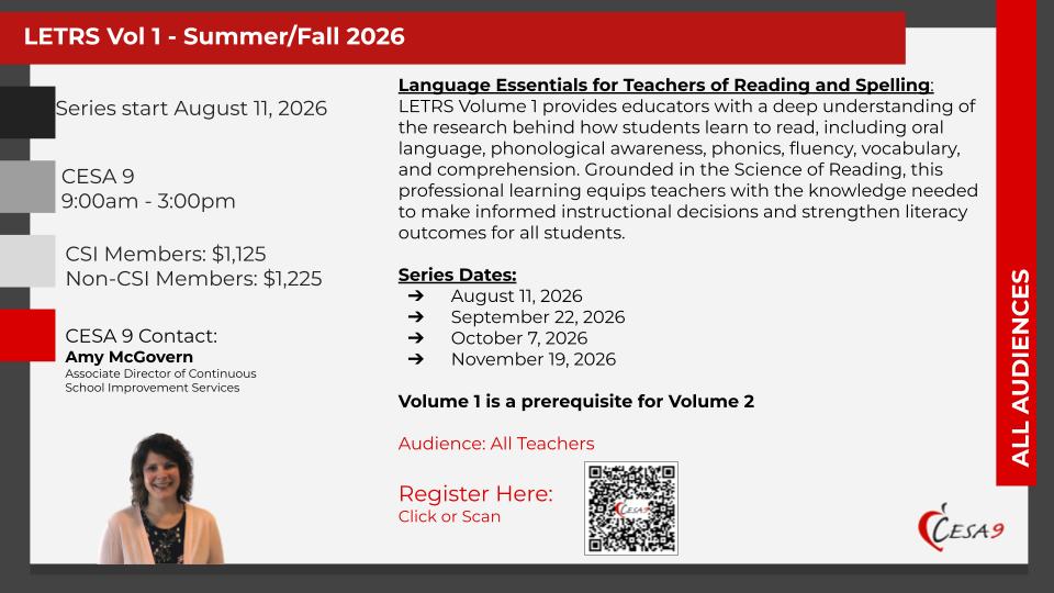 See description of event below for LETRS Vol 1 - Summer/Fall 2026.