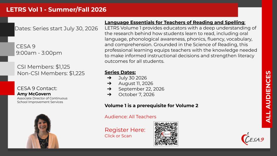 See description of event below for LETRS Vol 1 - Summer/Fall 2026.