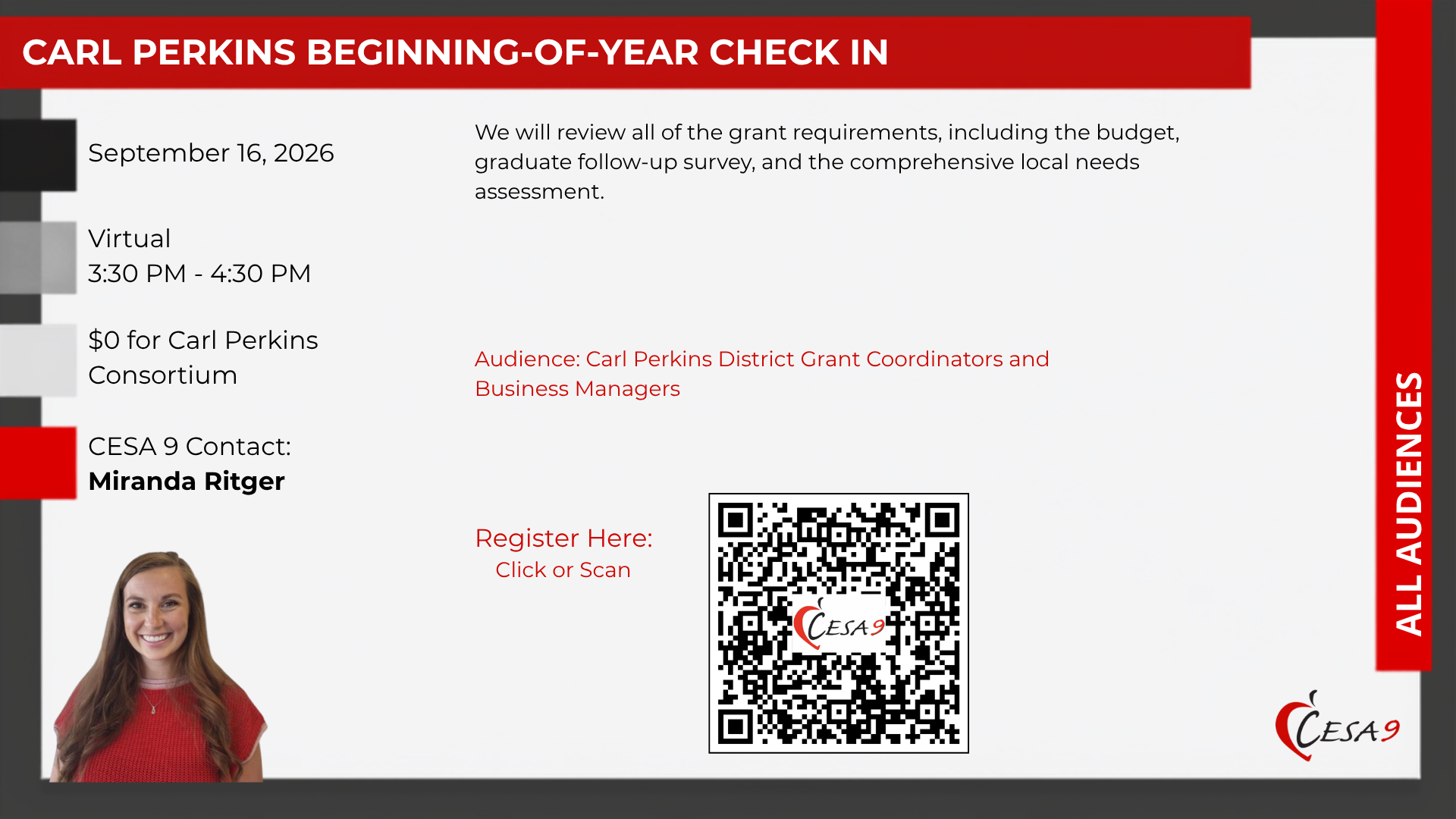 See description of event below. Carl Perkins Beginning of Year check In
