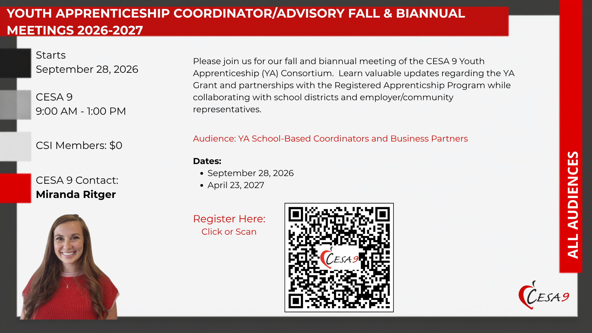See description of event below. Youth Apprenticeship Coordinator/Advisory Fall and Spring Meeting 2026-2027